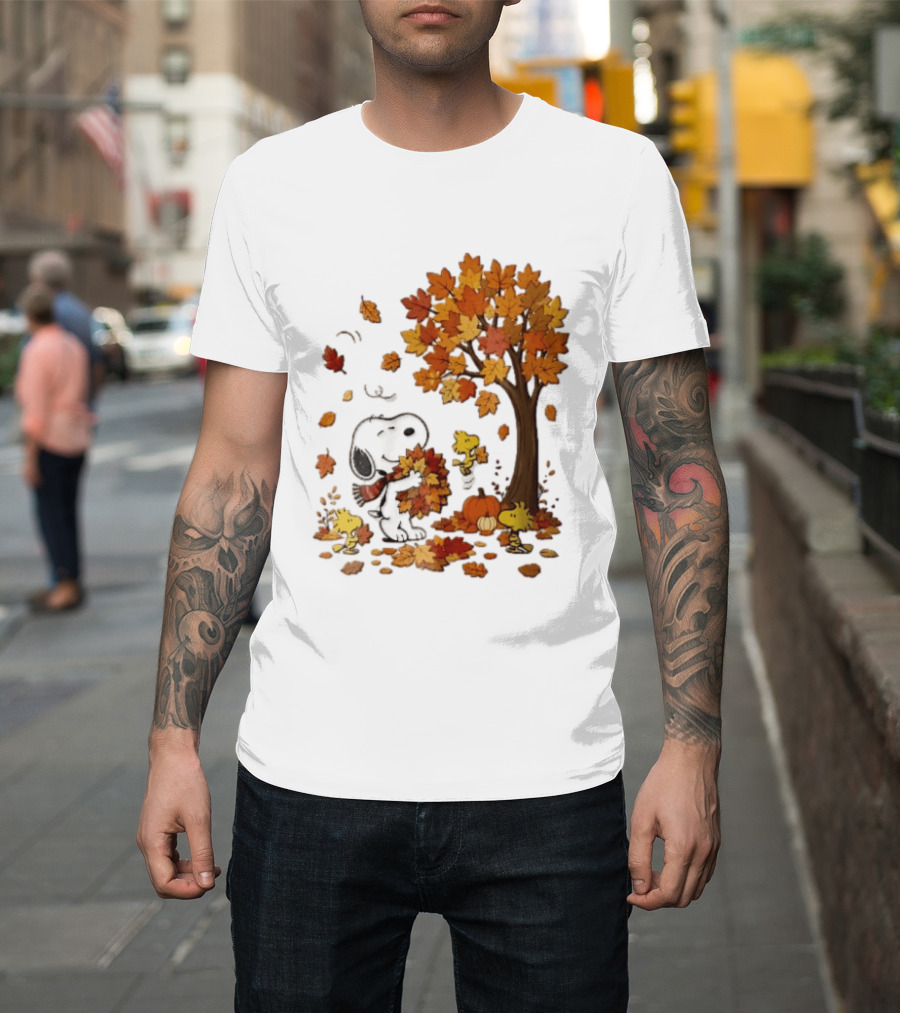 Snoopy Woodstock Autumn Leaves Pumpkin Fall Season Vibes T-Shirt