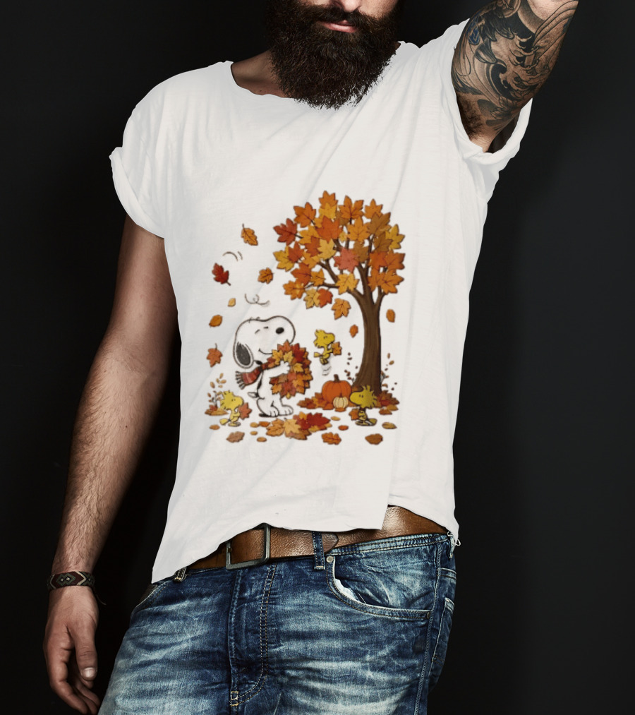 Snoopy Woodstock Autumn Leaves Pumpkin Fall Season Vibes T-Shirt