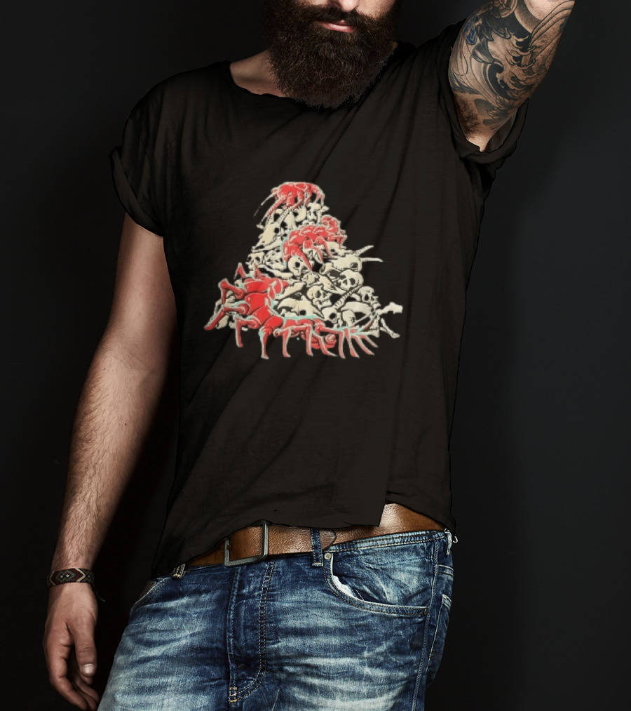 Giant Red Centipede Cyan Crawling Pile Of Skulls T-Shirt