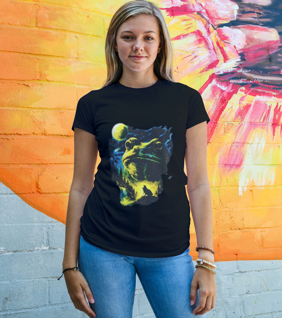 Giant Toad Glowing Moon Howling Waterfall Forest Mystic Scene T-Shirt
