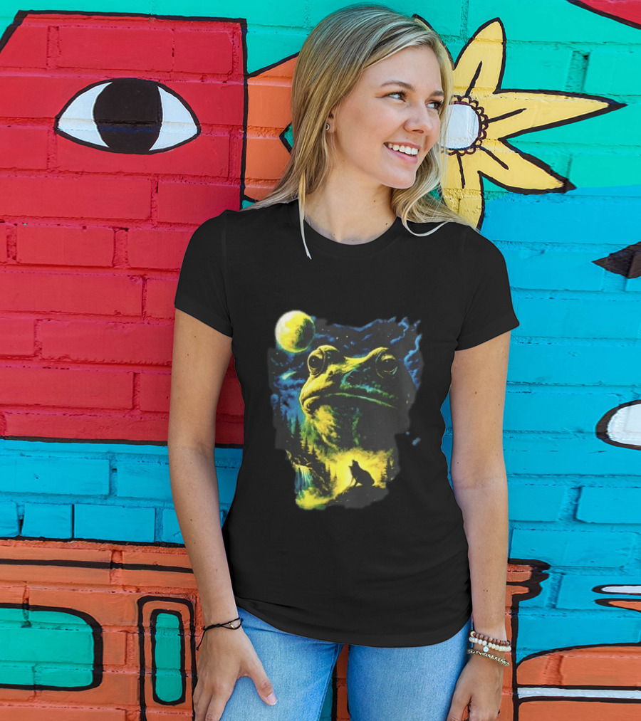 Giant Toad Glowing Moon Howling Waterfall Forest Mystic Scene T-Shirt