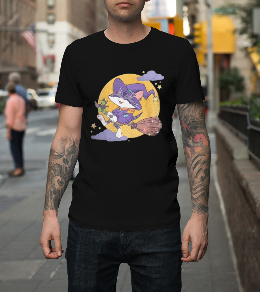 Halftone Cartoon Cat Witch Flying On Broomstick With Moon And Stars T-Shirt