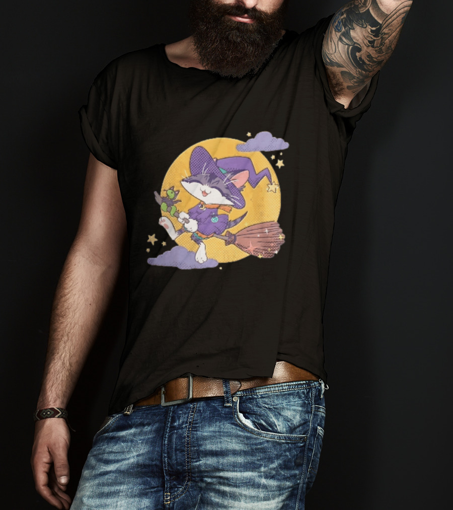 Halftone Cartoon Cat Witch Flying On Broomstick With Moon And Stars T-Shirt