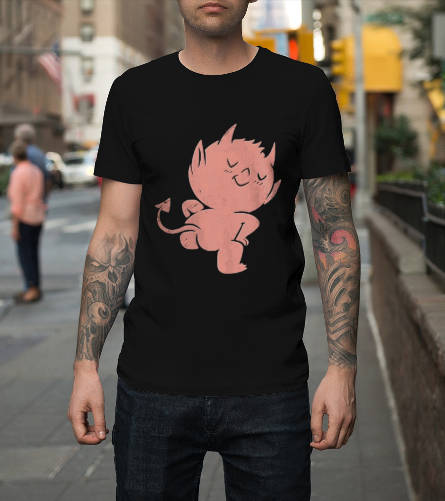 Mischievous Little Red Devil Cartoon Mooning With Distressed Texture T-Shirt
