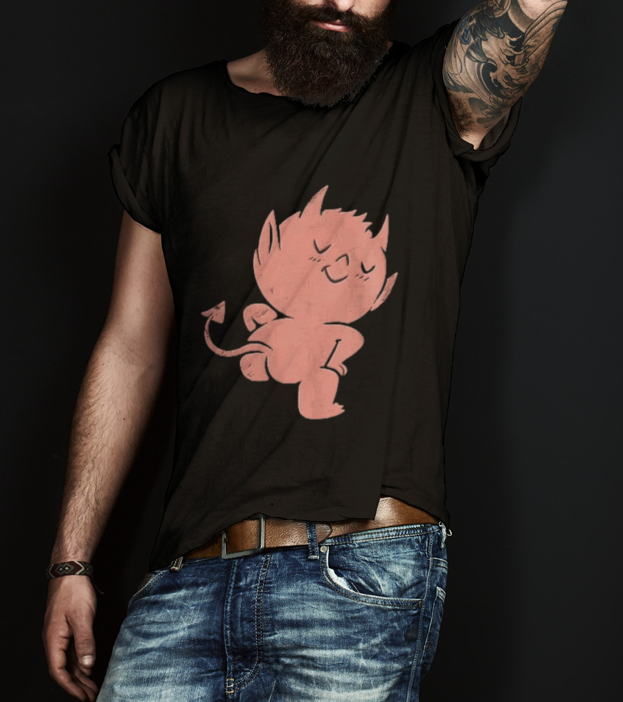 Mischievous Little Red Devil Cartoon Mooning With Distressed Texture T-Shirt