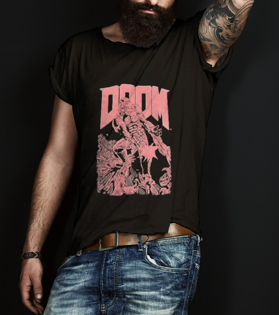 Doom Space Marine Battling Hell Demons Pink Sketch T-Shirt