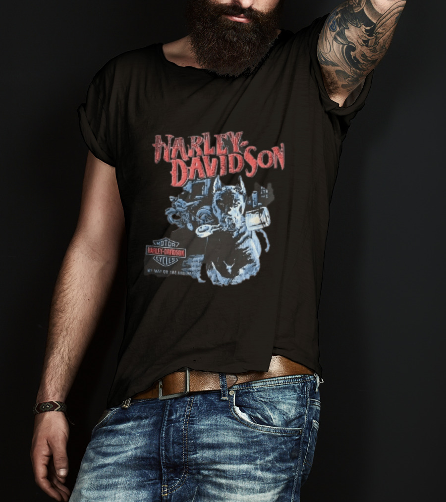 Harley Davidson My Way Or The Highway Dog Holding Piston Cycles T-Shirt