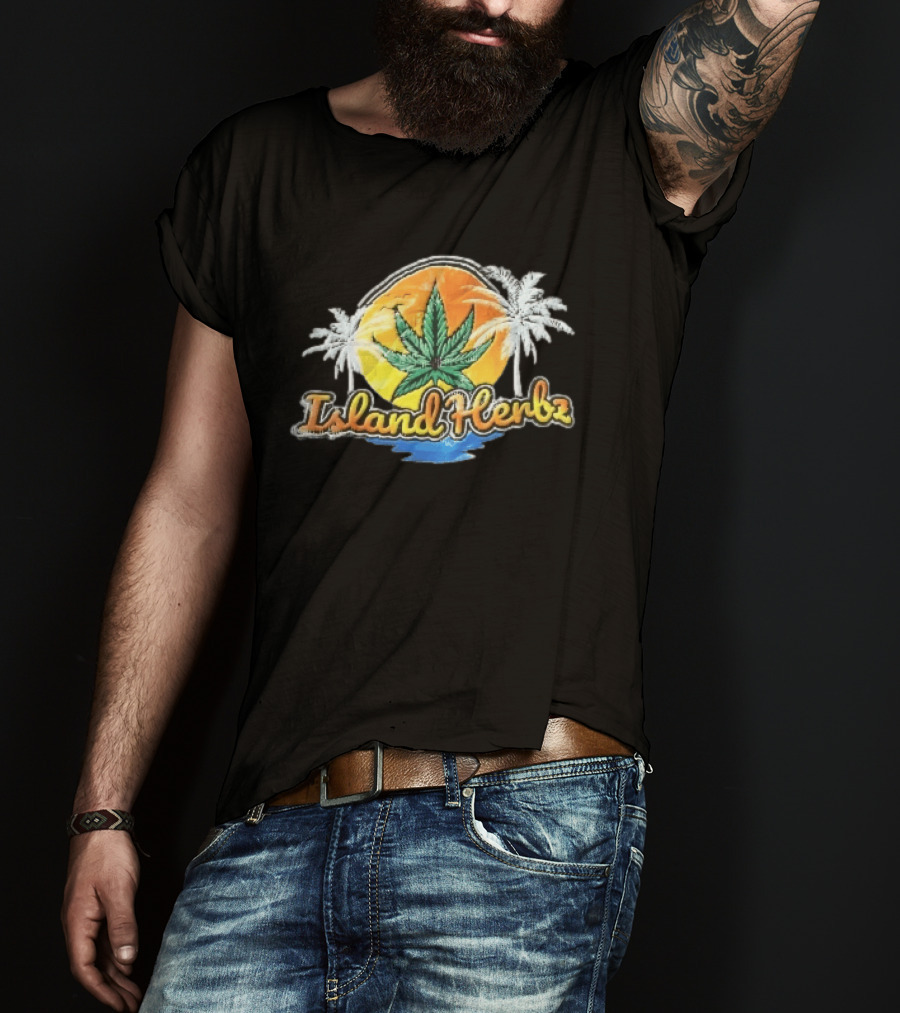 Island Herbz Cannabis Leaf Orange Sunset White Palm Trees T-Shirt