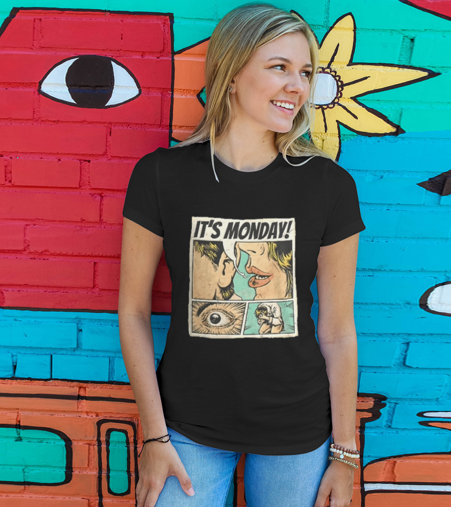 Its Monday Comic Strip Pop Art Woman Whispering Man Crying Vintage Halftone T-Shirt