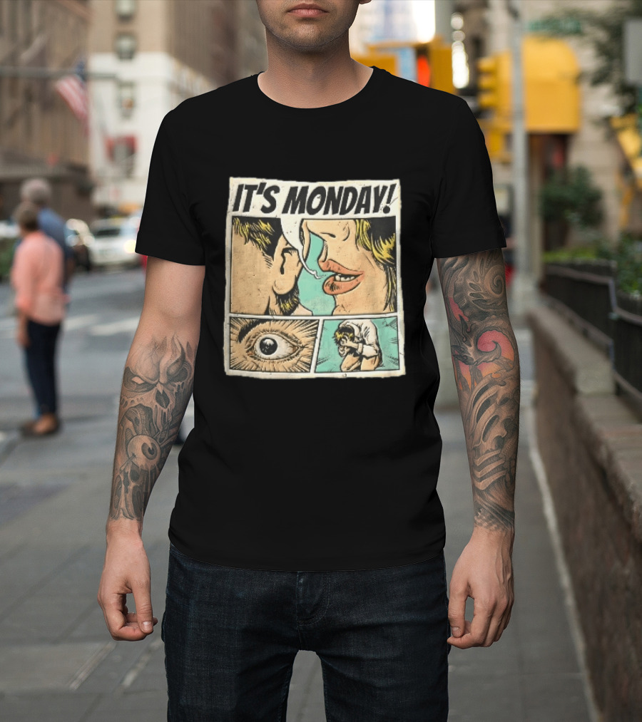Its Monday Comic Strip Pop Art Woman Whispering Man Crying Vintage Halftone T-Shirt