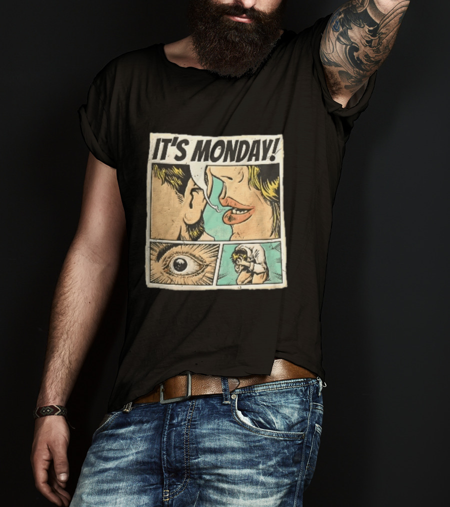 Its Monday Comic Strip Pop Art Woman Whispering Man Crying Vintage Halftone T-Shirt