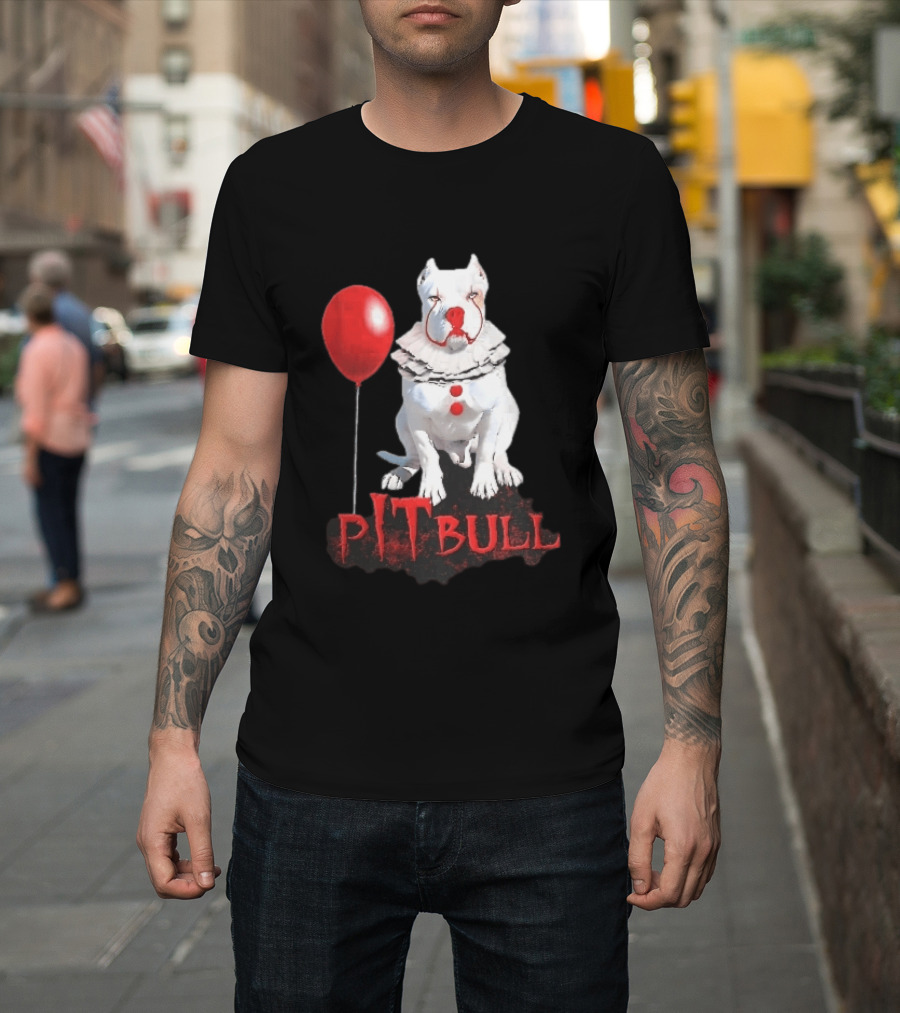 Pitbull Dog Pennywise Clown Red Balloon Distressed White T-Shirt