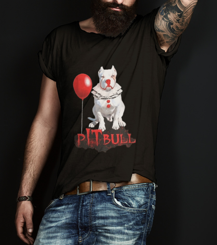 Pitbull Dog Pennywise Clown Red Balloon Distressed White T-Shirt