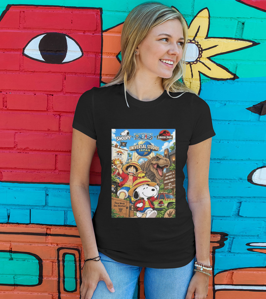 Snoopy One Piece Jurassic Park Universal Studios Japan Three Worlds One Adventure T-Shirt