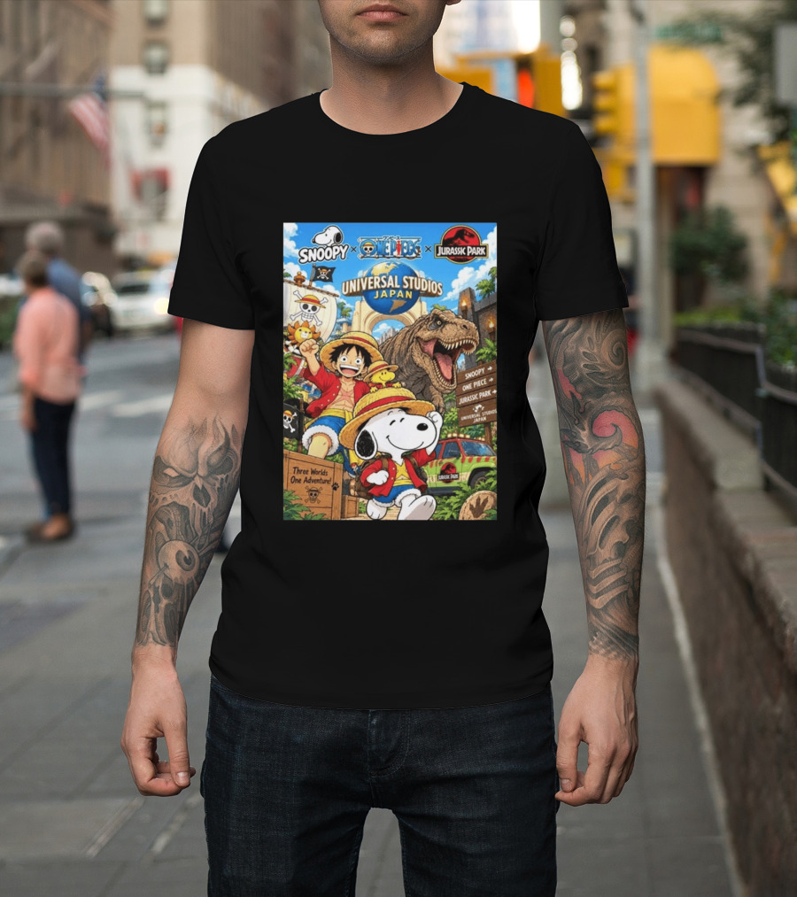 Snoopy One Piece Jurassic Park Universal Studios Japan Three Worlds One Adventure T-Shirt