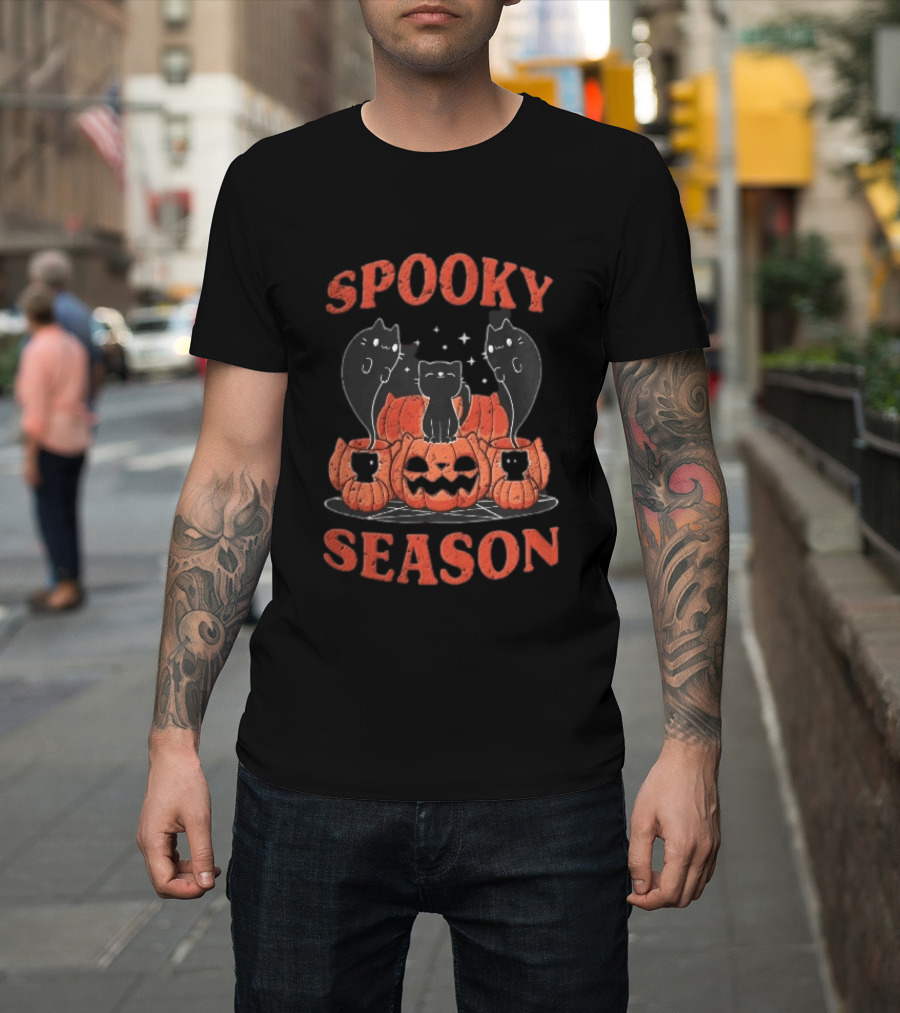 Spooky Season Black Cats Jack O Lantern Pentagram Cartoon T-Shirt