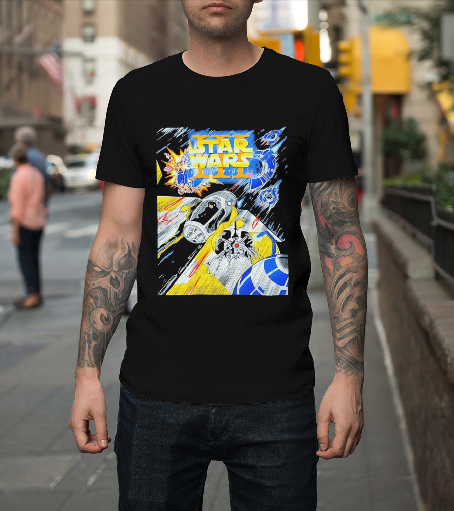 Star Wars Revenge Of The Sith Galactic Battle Artwork Featuring Anakin Skywalker And Iconic Droid Spaceships T-Shirt
