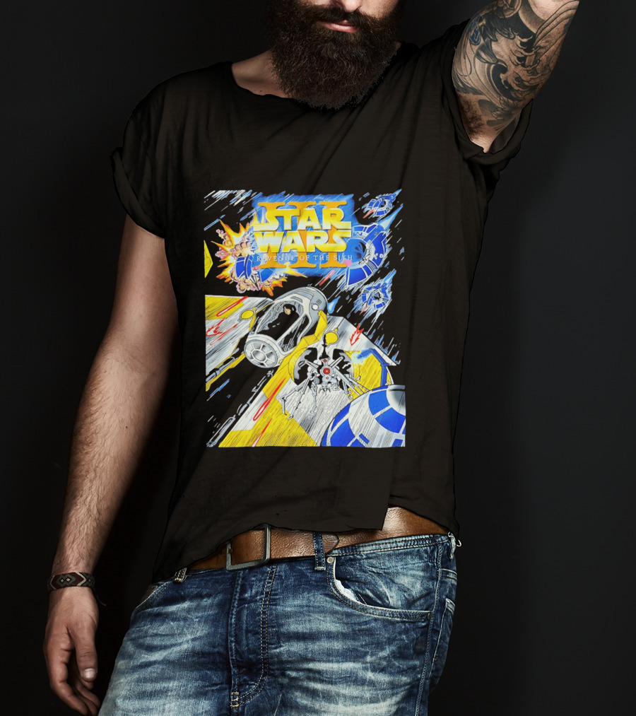 Star Wars Revenge Of The Sith Galactic Battle Artwork Featuring Anakin Skywalker And Iconic Droid Spaceships T-Shirt