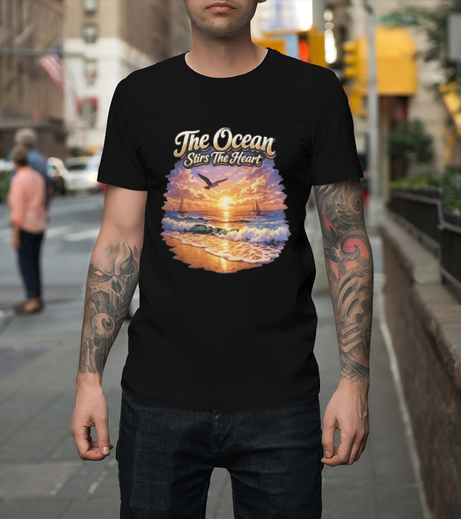 The Ocean Stirs The Heart Seagull Flying Sunset Beach Sailboats Waves T-Shirt