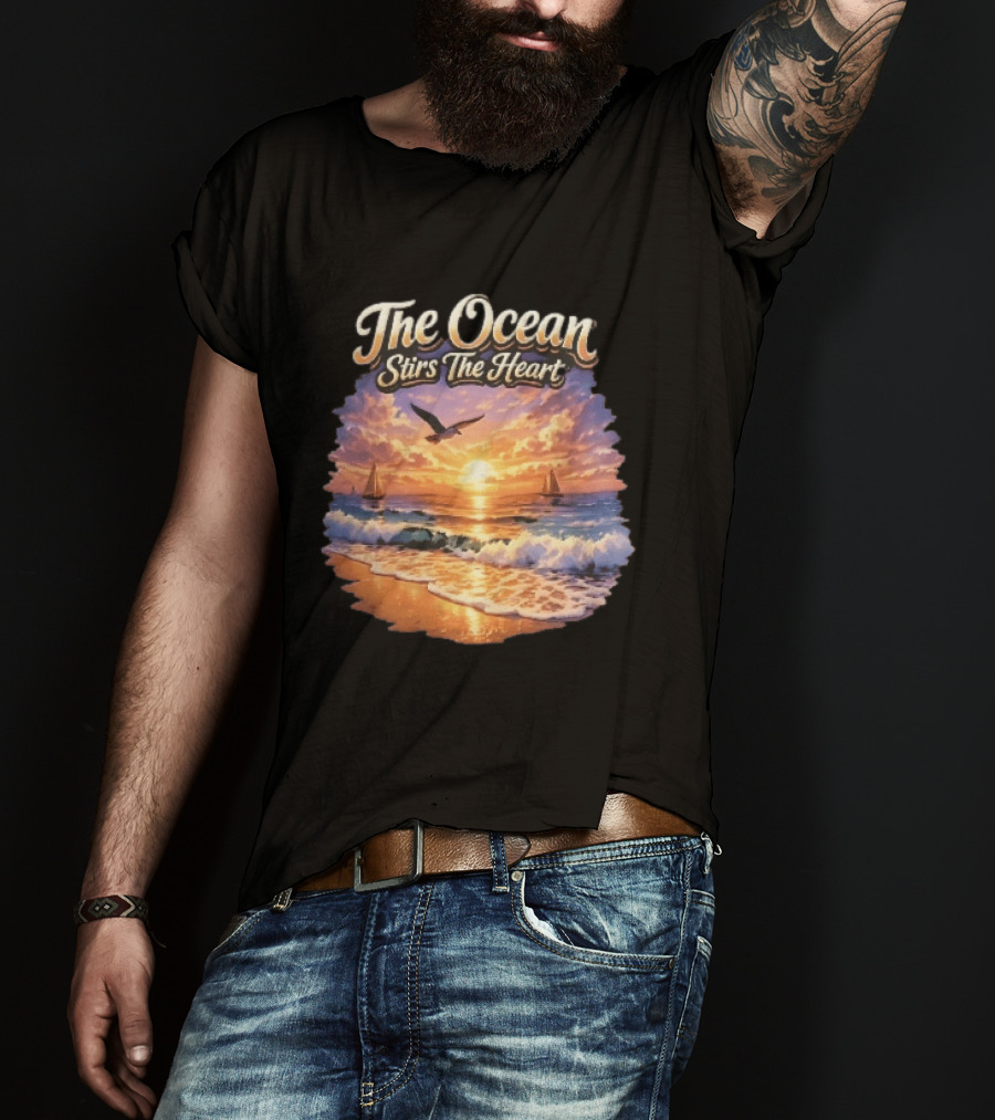 The Ocean Stirs The Heart Seagull Flying Sunset Beach Sailboats Waves T-Shirt