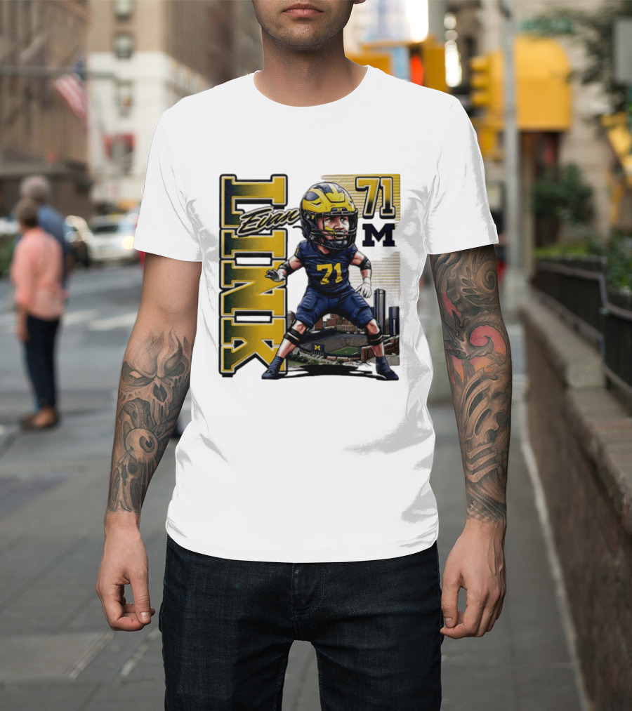 Evan Link 71 Michigan Wolverines Football Caricature T-Shirt