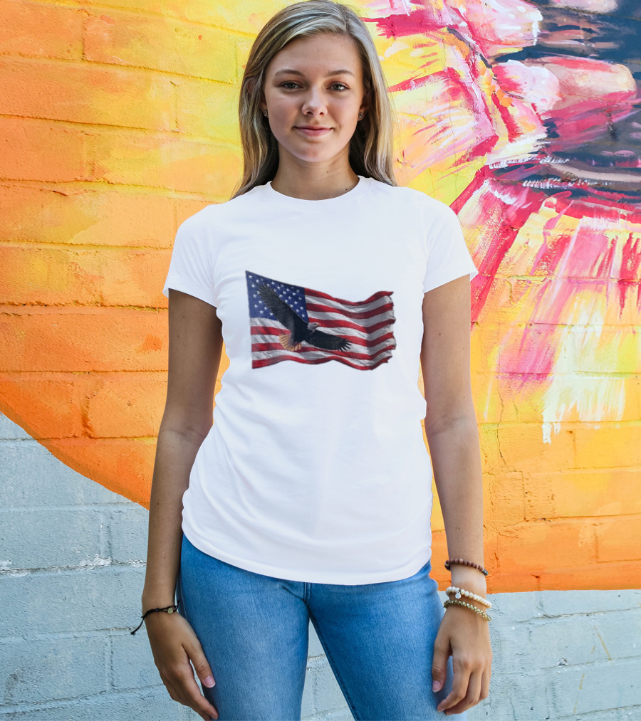 Bald Eagle Soaring Over Distressed American Flag Patriotic T-Shirt