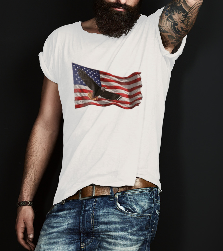 Bald Eagle Soaring Over Distressed American Flag Patriotic T-Shirt