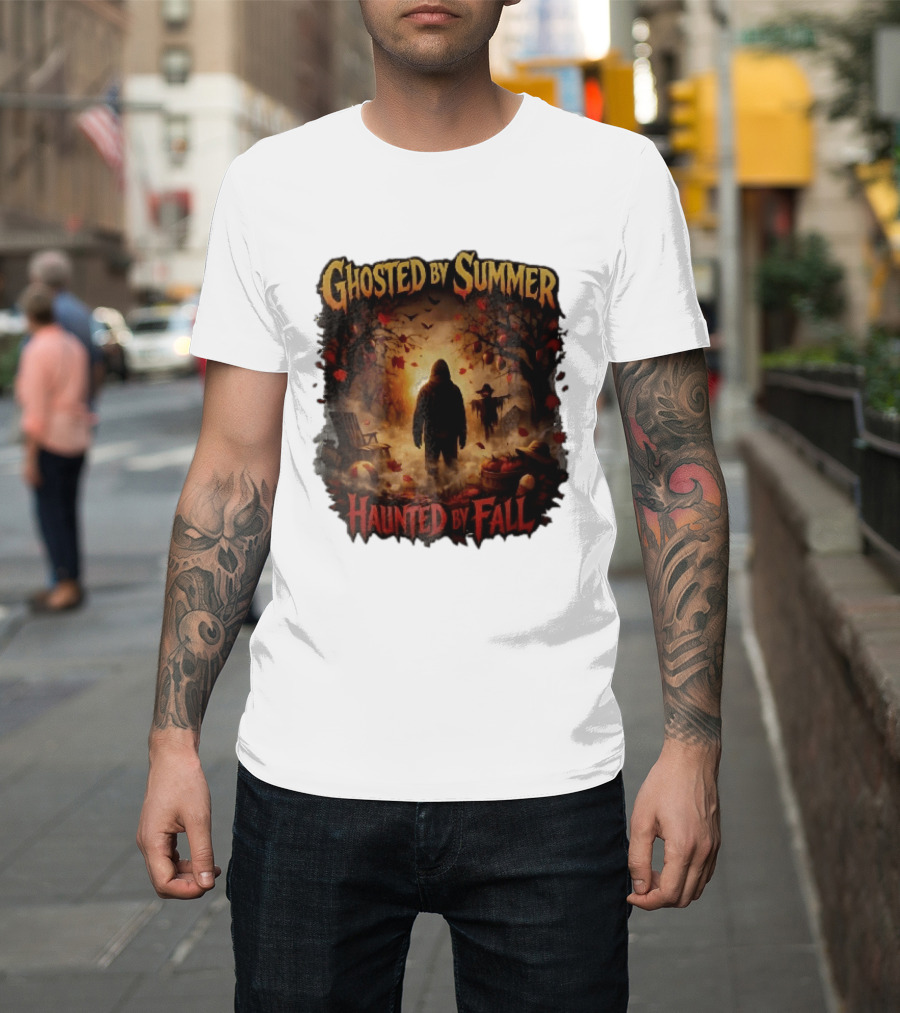 Ghosted By Summer Haunted By Fall Hooded Figure Autumn Orchard Scarecrow Pumpkins T-Shirt