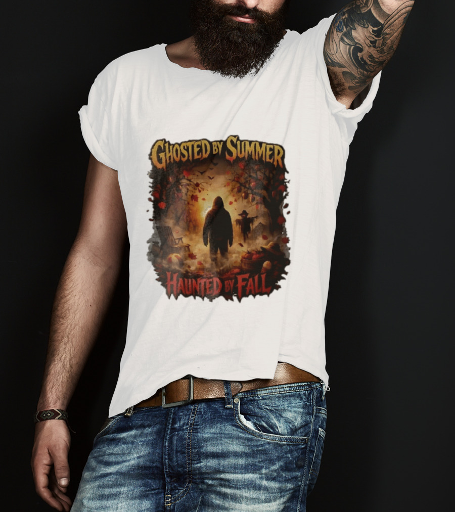 Ghosted By Summer Haunted By Fall Hooded Figure Autumn Orchard Scarecrow Pumpkins T-Shirt