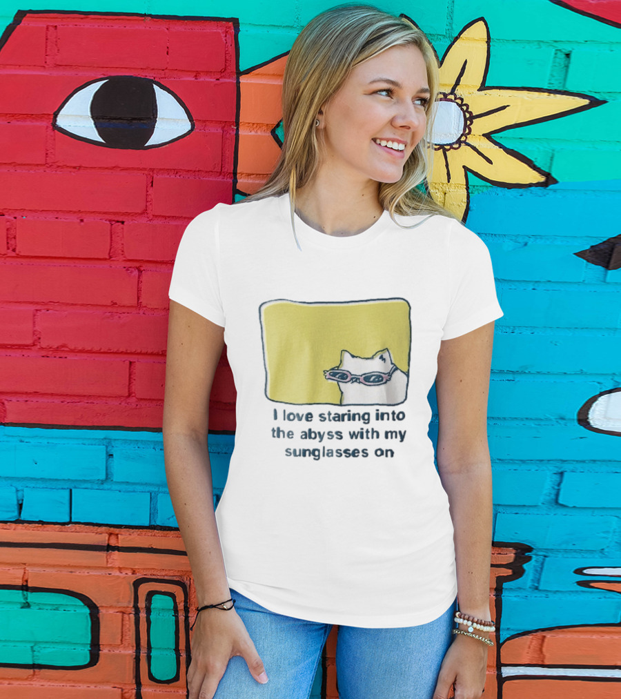 I Love Staring Into The Abyss With My Sunglasses On White Cat Pink Glasses Popcornpunk Cartoon T-Shirt