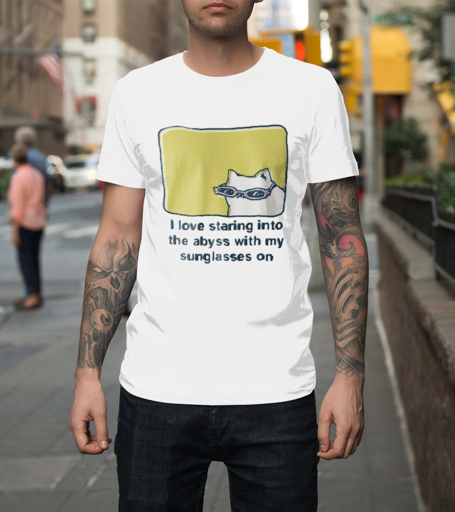 I Love Staring Into The Abyss With My Sunglasses On White Cat Pink Glasses Popcornpunk Cartoon T-Shirt