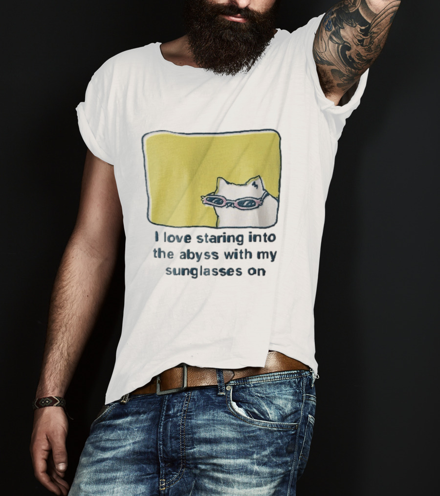 I Love Staring Into The Abyss With My Sunglasses On White Cat Pink Glasses Popcornpunk Cartoon T-Shirt