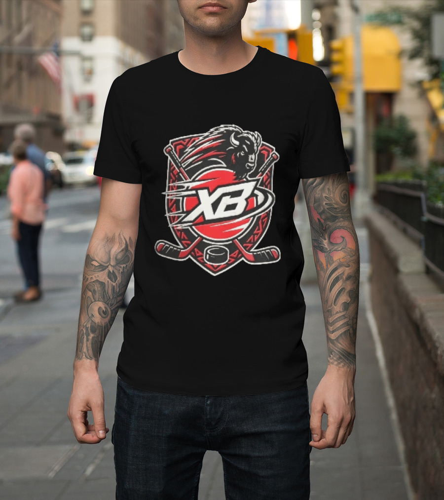 Xb Buffalo Bison Head With Crossed Hockey Sticks And Puck Shield Crest T-Shirt