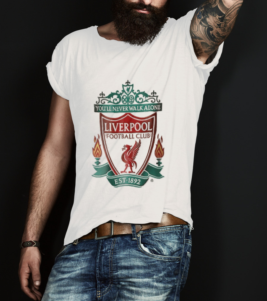 Liverpool Football Club You'll Never Walk Alone Shankly Gates Est 1892 Crest Shield Flames T-Shirt