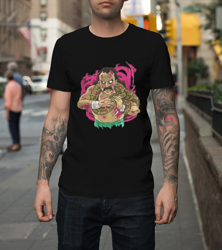 Zombie Wrestler Python Snake Pink Energy Burst Caricature T-Shirt