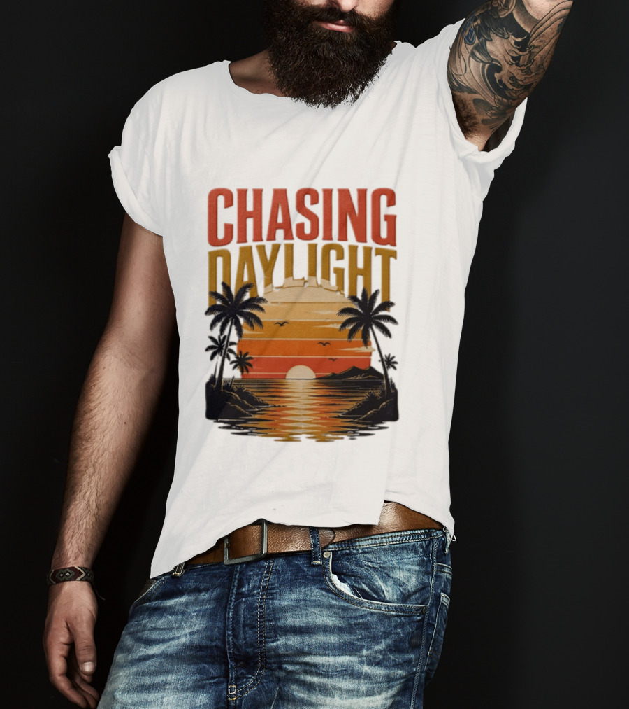 Chasing Daylight Tropical Beach Sunset Scene With Palms And Ocean Waves T-Shirt
