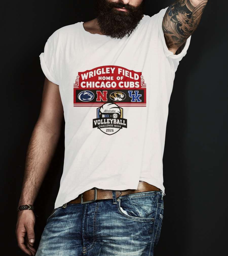 Wrigley Field Chicago Cubs Allstate 2026 Volleyball Challenge Week Penn State Nebraska Missouri Kentucky Logos T-Shirt