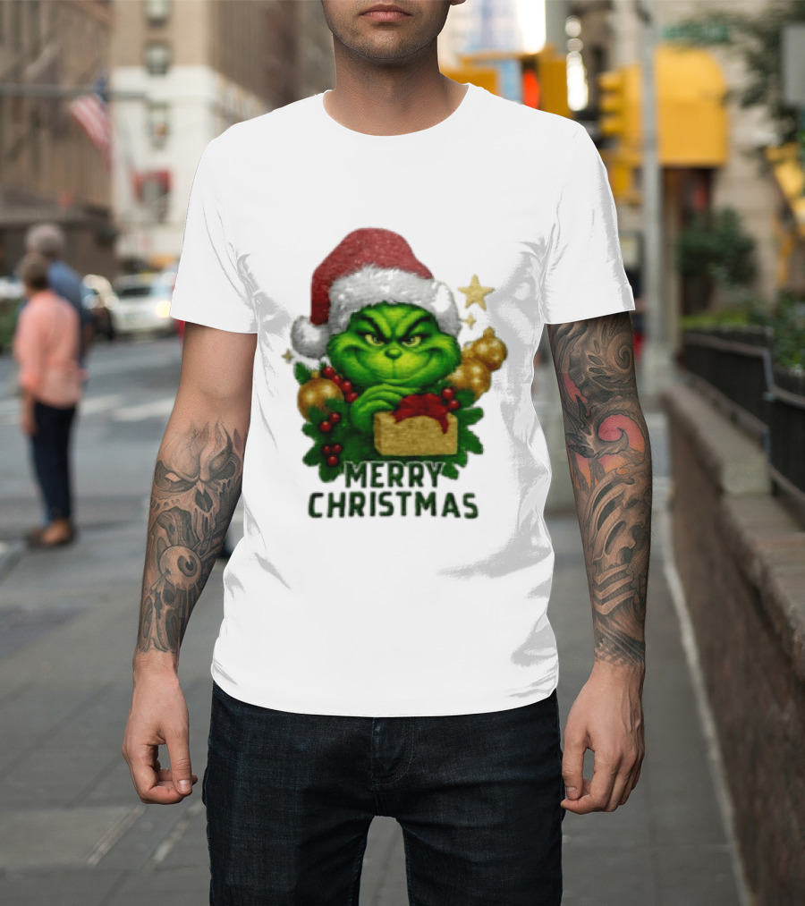 Merry Christmas Grinch Santa Claus Hat Gold Present Pine Branches T-Shirt