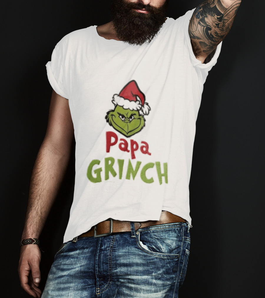 Papa Grinch Santa Claus Hat Green Face Cartoon T-Shirt