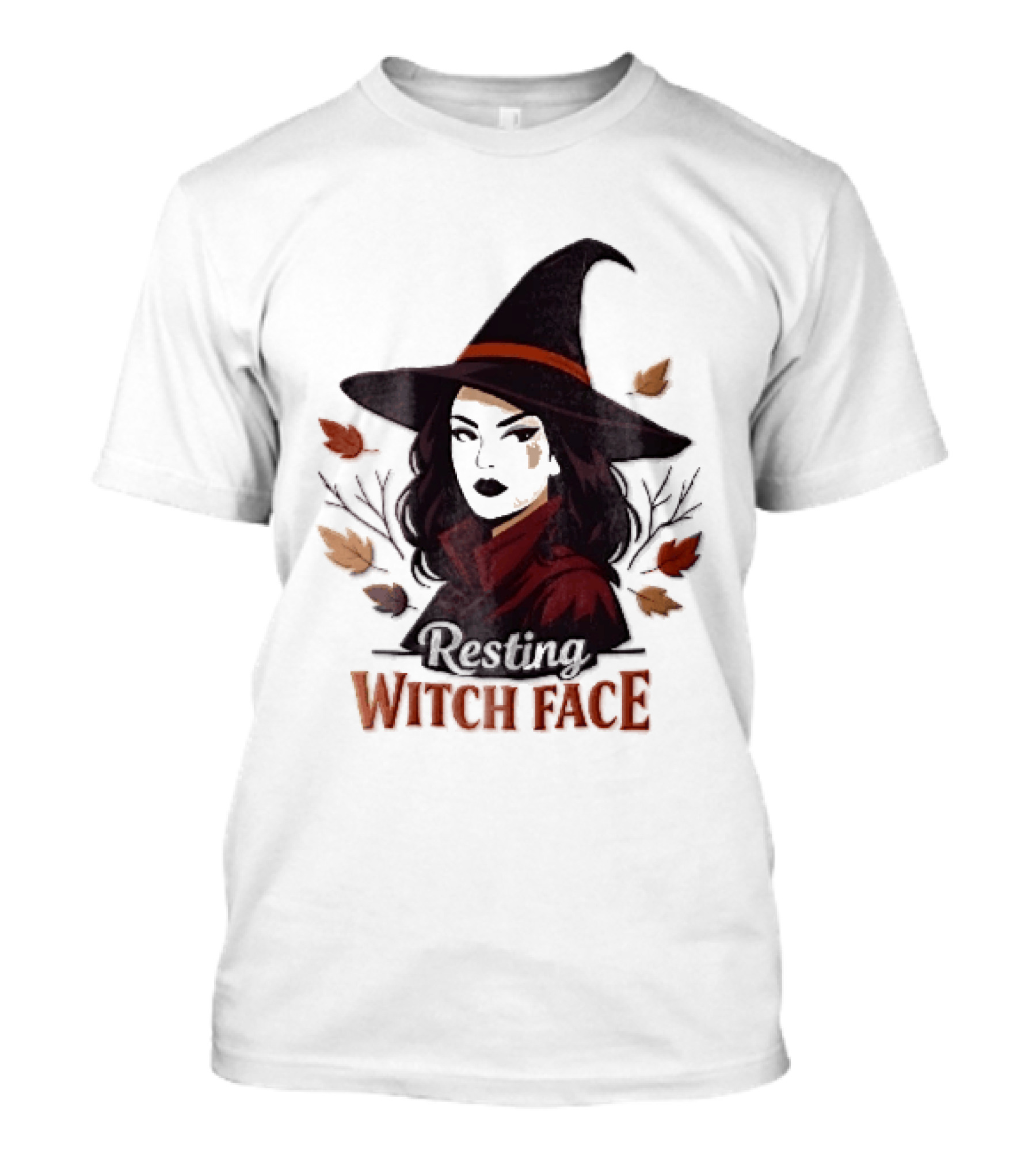 Resting Witch Face Dark Hair Woman Pointy Hat Autumn Leaves Halloween T-Shirt