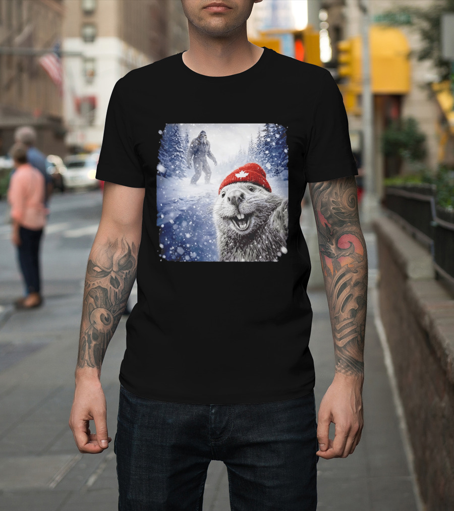 Beaver Selfie With Sasquatch In Snowy Canadian Forest T-Shirt
