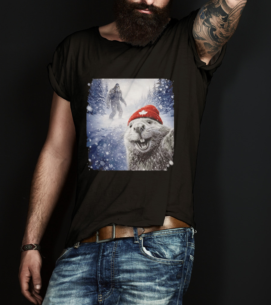 Beaver Selfie With Sasquatch In Snowy Canadian Forest T-Shirt