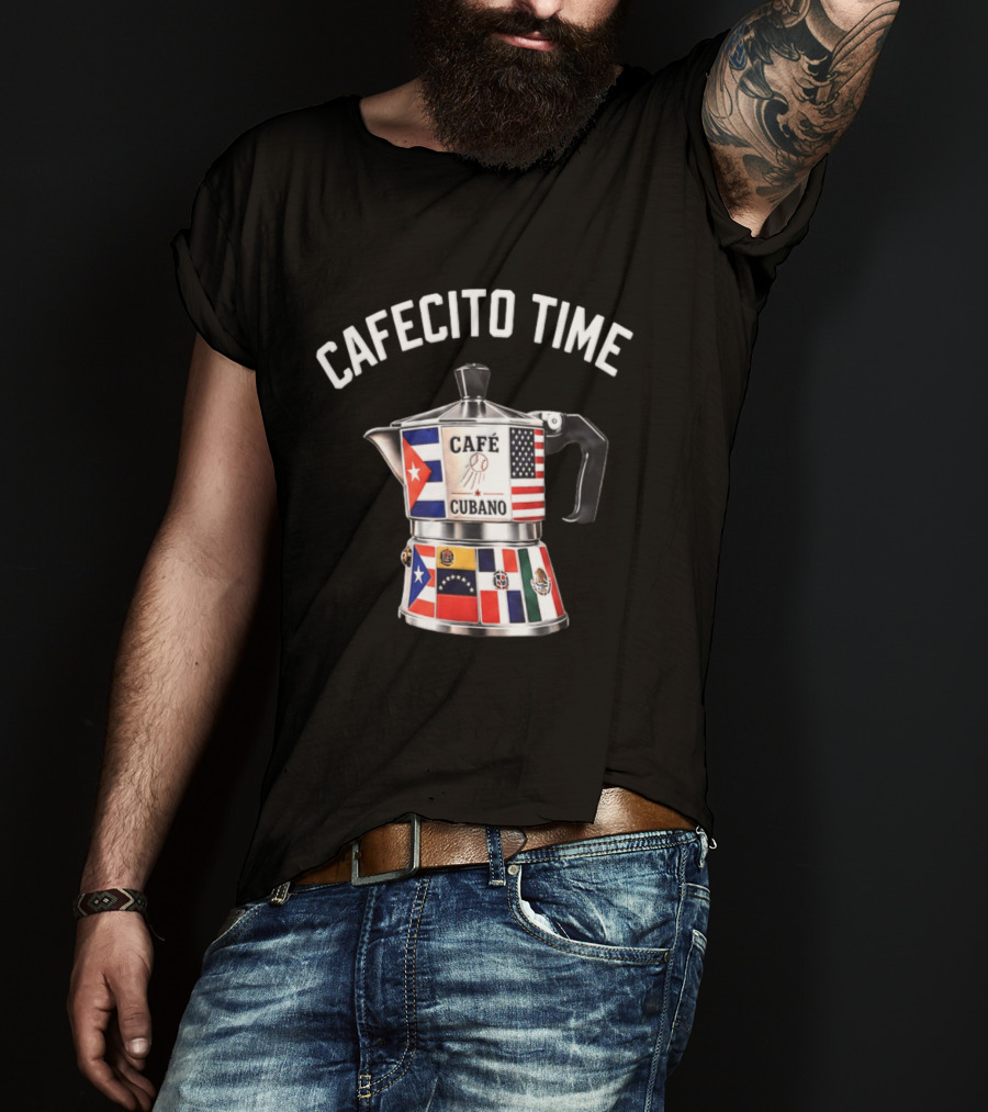 Cafecito Time Café Cubano Kike Hernandez Cuban Coffee Flag Motif T-Shirt