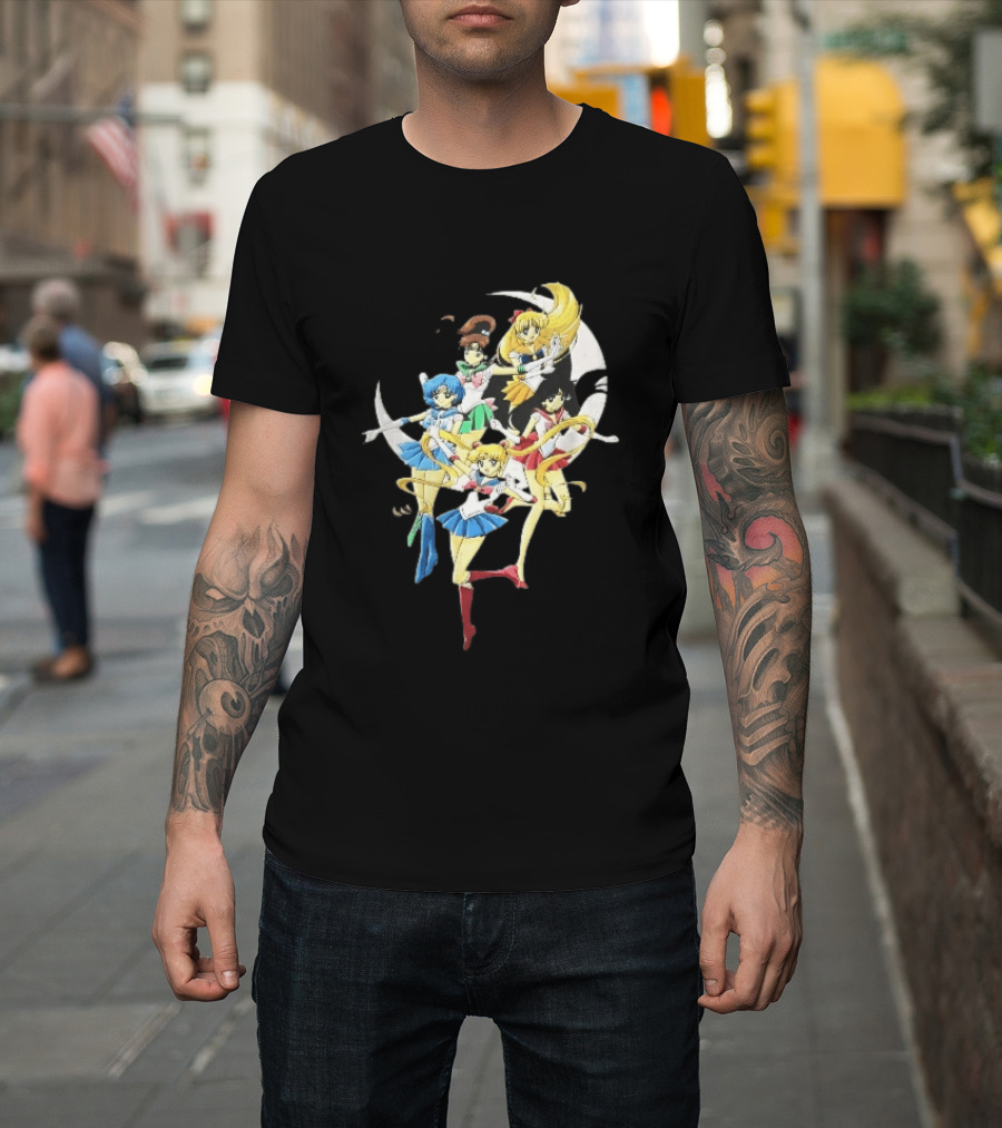 Sailor Moon Crescent Five Guardians Distressed Cartoon T-Shirt