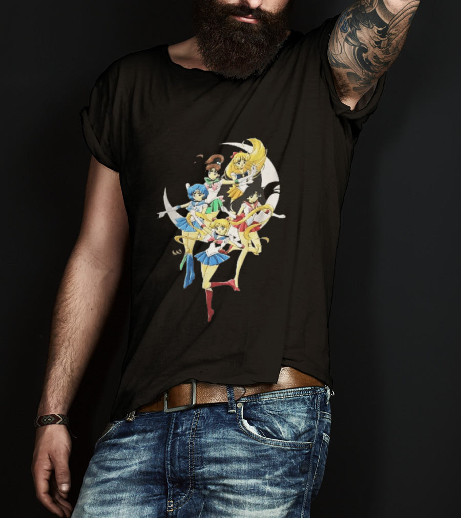 Sailor Moon Crescent Five Guardians Distressed Cartoon T-Shirt