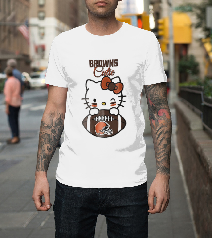 Browns Cutie Winking Cartoon Cat Bow Football T-Shirt