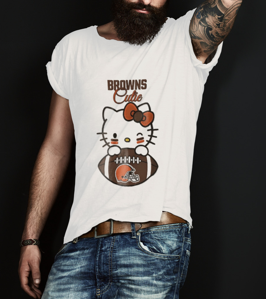 Browns Cutie Winking Cartoon Cat Bow Football T-Shirt
