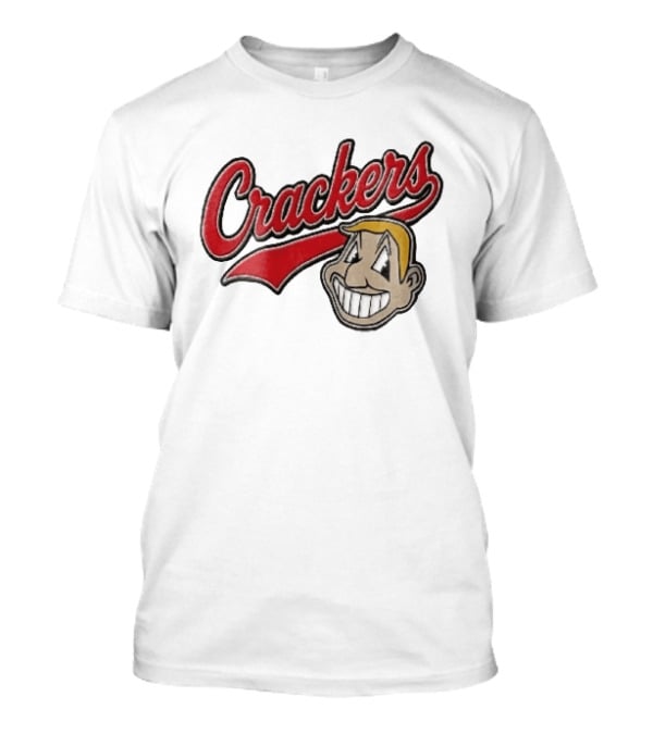 Crackers Cartoon Caricature Blonde Man Big Teeth Smile Red Script T-Shirt