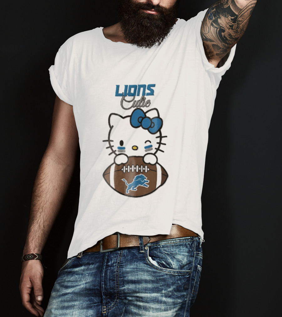 Detroit Lions Cute Cartoon Cat With Blue Bow Face Paint Football T-Shirt
