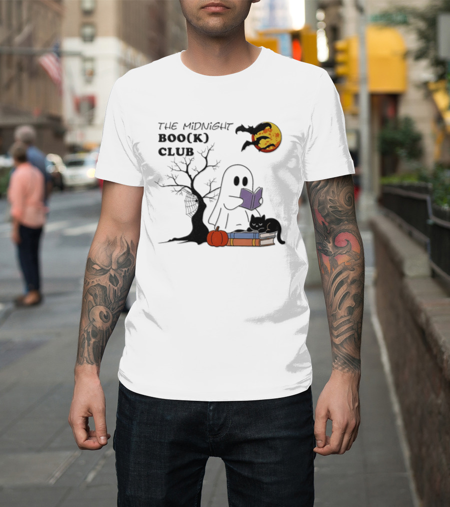 The Midnight Boo(k) Club Halloween Ghost Cat Pumpkin Moon T-Shirt